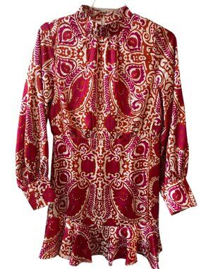 Large TCEC Fuchsia Printed Long Sleeve High Neck Mini Dress Full Sleeve Cocktail